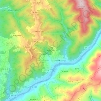 Mapa topográfico Misarela, altitude, relevo