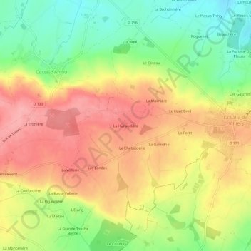 Mapa topográfico La Hunaudière, altitude, relevo