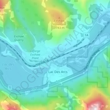 Mapa topográfico Exshaw, altitude, relevo