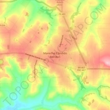 Mapa topográfico Marechal Cândido Rondon, altitude, relevo