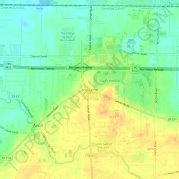 Mapa topográfico Avon Center, altitude, relevo