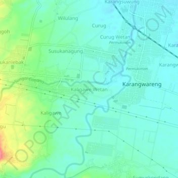 Mapa topográfico Kaligawe Wetan, altitude, relevo