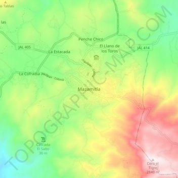 Mapa topográfico Mazamitla, altitude, relevo