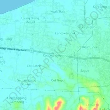 Mapa topográfico Cot Geulumpang, altitude, relevo