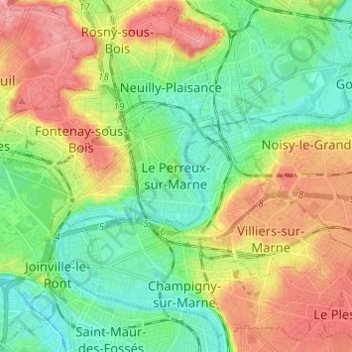 Mapa topográfico Le Perreux-sur-Marne, altitude, relevo