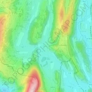 Mapa topográfico Bourcia, altitude, relevo
