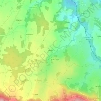 Mapa topográfico Rulières, altitude, relevo