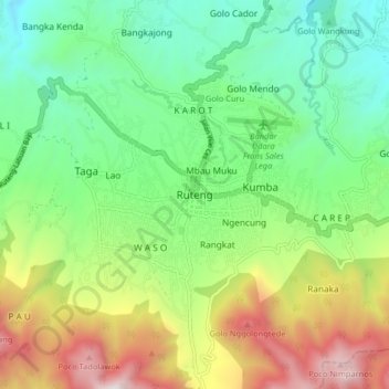 Mapa topográfico Ruteng, altitude, relevo