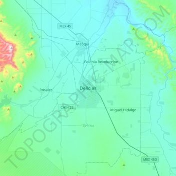 Mapa topográfico Delicias, altitude, relevo