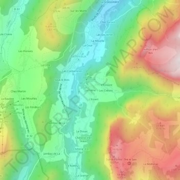 Mapa topográfico Le Frêne, altitude, relevo