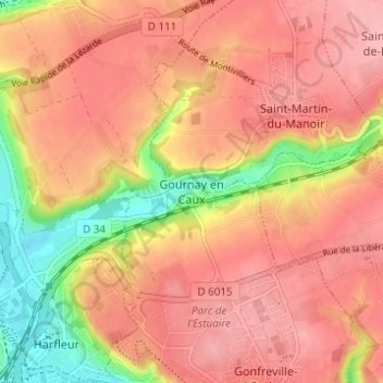 Mapa topográfico Gournay en Caux, altitude, relevo