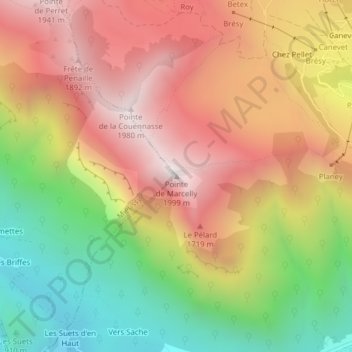 Mapa topográfico Pointe de Marcelly, altitude, relevo
