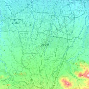 Mapa topográfico Depok, altitude, relevo