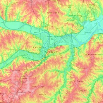 Mapa topográfico Downtown Kansas City, altitude, relevo