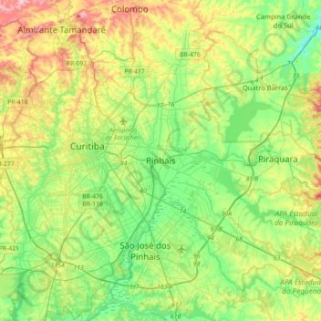 Mapa topográfico Pinhais, altitude, relevo