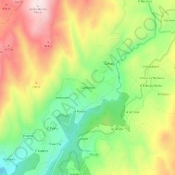 Mapa topográfico Cambeses, altitude, relevo