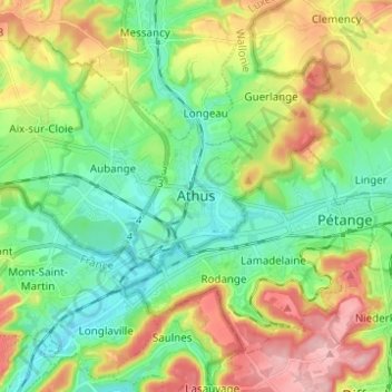 Mapa topográfico Athus, altitude, relevo