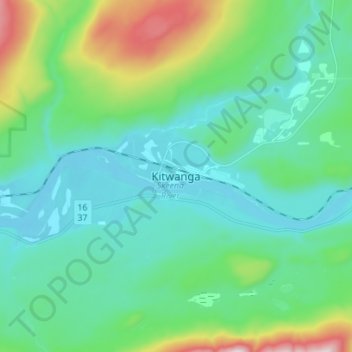 Mapa topográfico Kitwanga, altitude, relevo