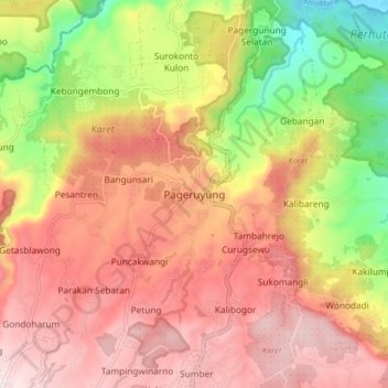 Mapa topográfico Pageruyung, altitude, relevo