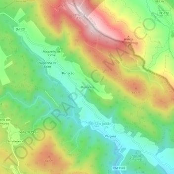 Mapa topográfico Montinho, altitude, relevo