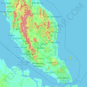 Mapa topográfico Pahang, altitude, relevo