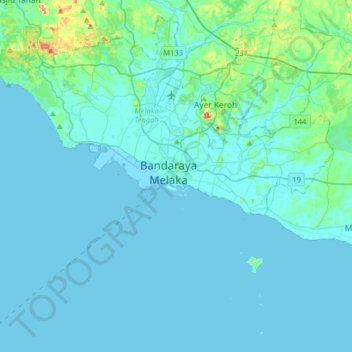 Mapa topográfico Bandaraya Melaka, altitude, relevo