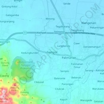 Mapa topográfico Gempol, altitude, relevo