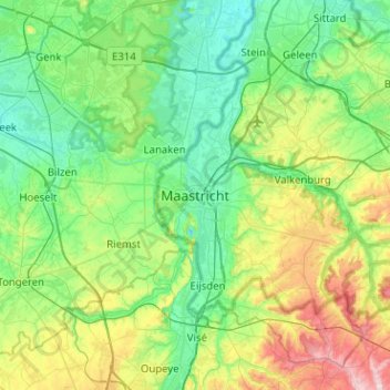 Mapa topográfico Maastricht, altitude, relevo