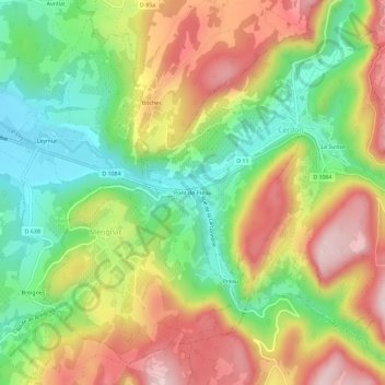 Mapa topográfico Pont de Préau, altitude, relevo