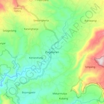Mapa topográfico Pagelaran, altitude, relevo