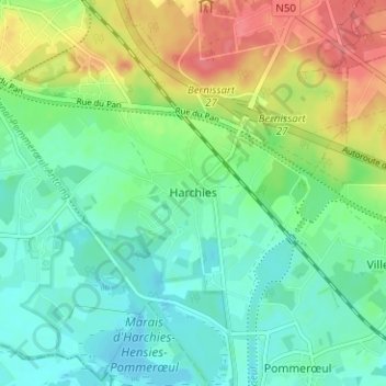Mapa topográfico Harchies, altitude, relevo