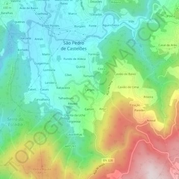 Mapa topográfico Corgas, altitude, relevo