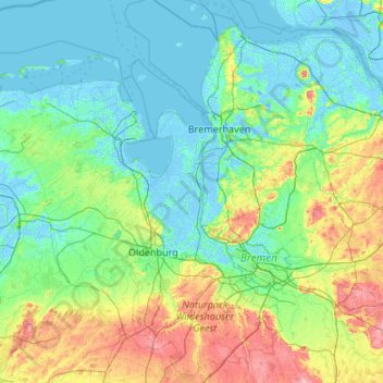 Mapa topográfico Wesermarsch, altitude, relevo