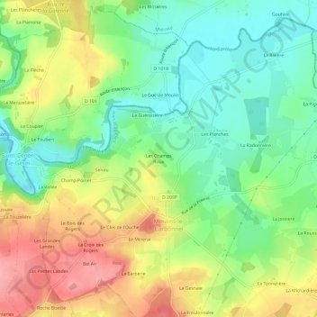 Mapa topográfico Les Champs Roux, altitude, relevo