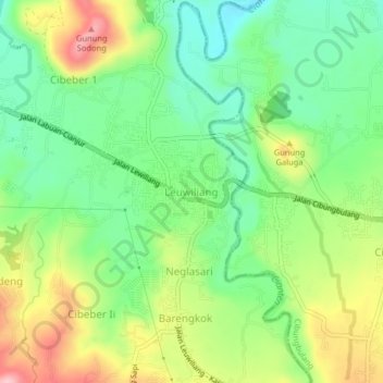 Mapa topográfico Leuwiliang, altitude, relevo