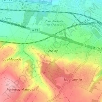 Mapa topográfico Buchelay, altitude, relevo