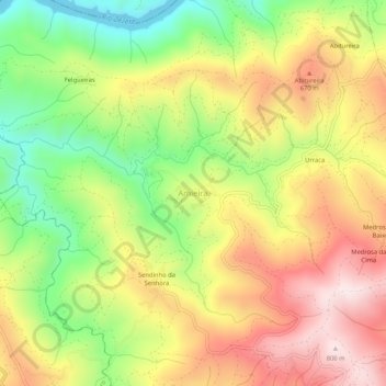 Mapa topográfico Amieira, altitude, relevo
