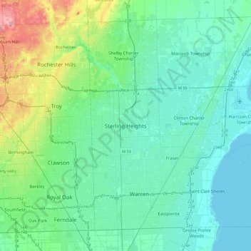Mapa topográfico Sterling Heights, altitude, relevo