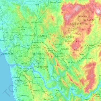 Mapa topográfico Valongo, altitude, relevo