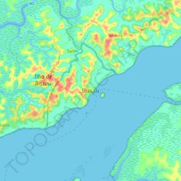 Mapa topográfico Bissau, altitude, relevo