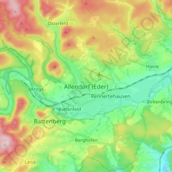 Mapa topográfico Allendorf (Eder), altitude, relevo