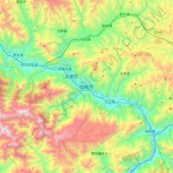 Mapa topográfico Longnan, altitude, relevo