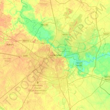 Mapa topográfico Lucknow, altitude, relevo