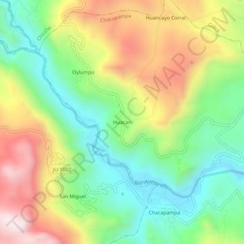 Mapa topográfico Huacan, altitude, relevo