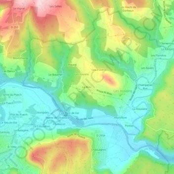 Mapa topográfico Le Bosc, altitude, relevo