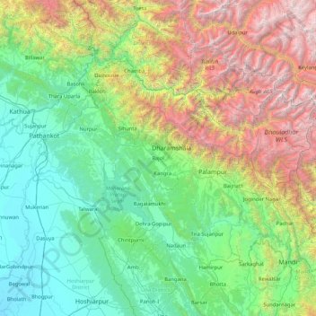 Mapa topográfico Kangra, altitude, relevo