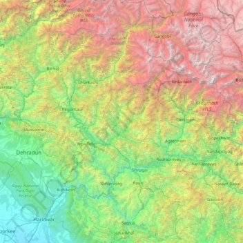 Mapa topográfico Tehri-Garhwal, altitude, relevo