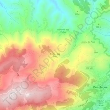 Mapa topográfico Portela das Eiras, altitude, relevo