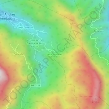 Mapa topográfico Encino Grande, altitude, relevo