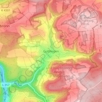 Mapa topográfico Gültlingen, altitude, relevo